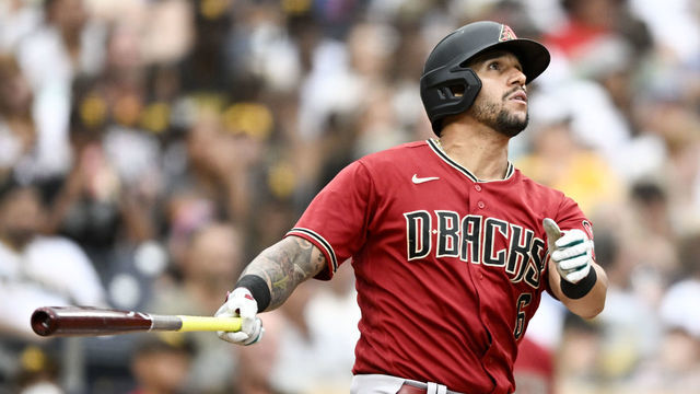 SAN DIEGO, CA - JULY 17: David Peralta #6 of the Arizona Diamondbacks watches the flight of his solo home run during the sixth inning of a baseball game against the San Diego Padres July 17, 2022 at Petco Park in San Diego, California.