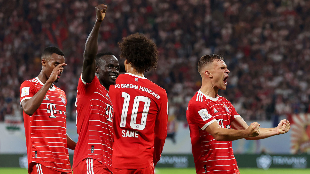 LEIPZIG, GERMANY - JULY 30: Leroy Sane of Bayern Munich celebrates scoring their side's fifth goal with teammates Sadio Mane and Leon Goretzka during the Supercup 2022 match between RB Leipzig and FC Bayern München at Red Bull Arena on July 30, 2022 in Leipzig, Germany.