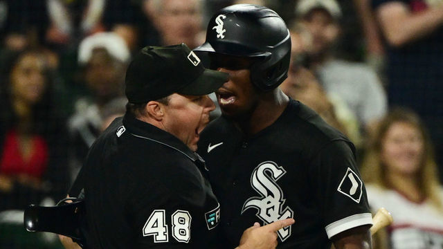 CHICAGO, ILLINOIS - JULY 29: Tim Anderson #7 of the Chicago White Sox is ejected from the game after making contact with umpire Nick Mahrley #48 in the seventh inning against the Oakland Athletics at Guaranteed Rate Field on July 29, 2022 in Chicago, Illinois.