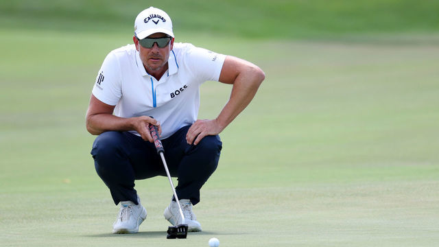 BEDMINSTER, NEW JERSEY - JULY 30: Henrik Stenson of Majesticks GC lines up a putt on the first green during day two of the LIV Golf Invitational - Bedminster at Trump National Golf Club Bedminster on July 30, 2022 in Bedminster, New Jersey.