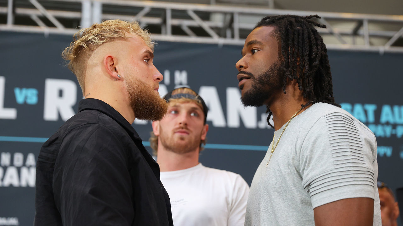 NEW YORK, NEW YORK - JULY 12: Jake Paul and Hasim Rahman face-off during a press conference at Madison Square Garden on July 12, 2022 in New York City.