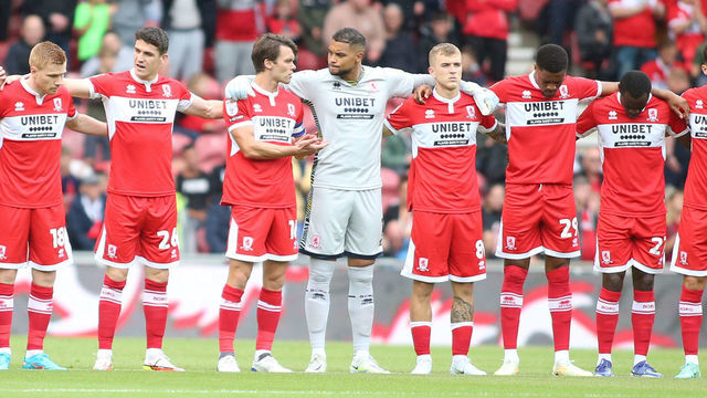 Middlesbrough players during the Sky Bet Championship match between Middlesbrough and West Bromwich Albion at the Riverside Stadium, Middlesbrough on Saturday 30th July 2022.