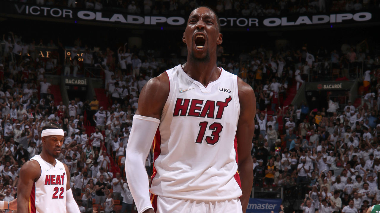 MIAMI, FL - MAY 29: Bam Adebayo #13 of the Miami Heat celebrates during Game 7 of the 2022 NBA Playoffs Eastern Conference Finals on May 29, 2022 at FTX Arena in Miami, Florida. Mandatory Copyright Notice: Copyright 2022 NBAE