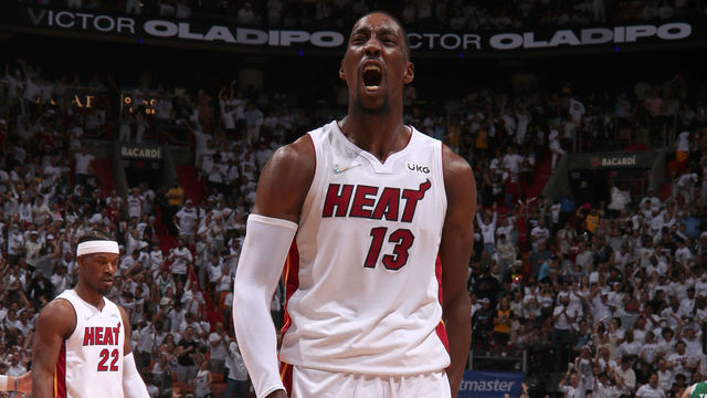 MIAMI, FL - MAY 29: Bam Adebayo #13 of the Miami Heat celebrates during Game 7 of the 2022 NBA Playoffs Eastern Conference Finals on May 29, 2022 at FTX Arena in Miami, Florida. Mandatory Copyright Notice: Copyright 2022 NBAE