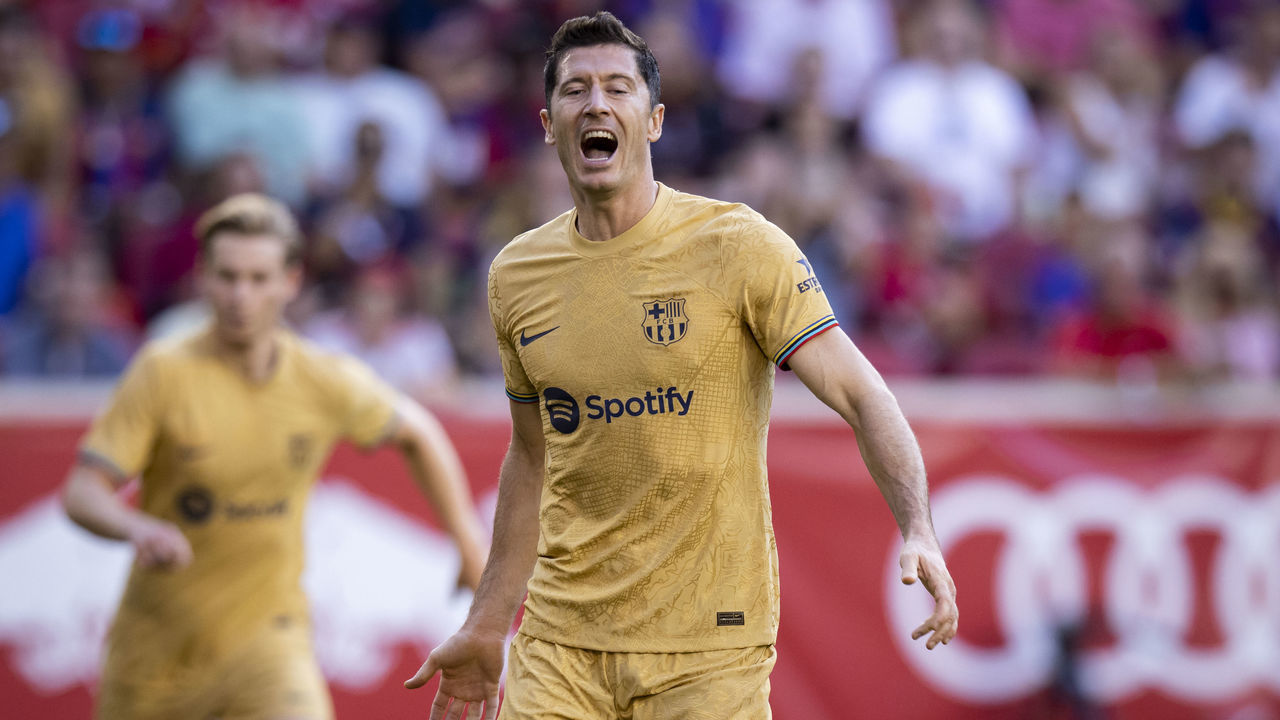 HARRISON, NJ - JULY 30: Robert Lewandowski #12 of FC Barcelona reacts to a missed goal opportunity in the first half of the preseason Friendly match against New York Red Bulls at Red Bull Arena on July 30, 2022 in Harrison, New Jersey.