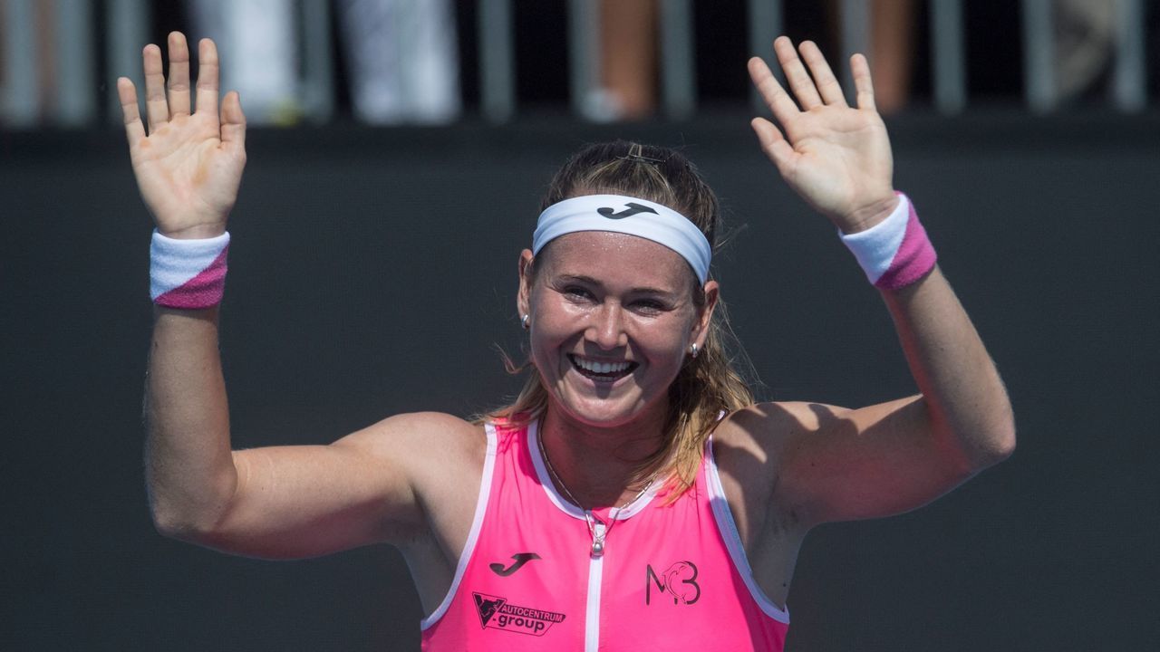 Czech Republic's Marie Bouzkova reacts after winning the Women's Single Final match against Russia's Anastasia Potapova (not pictured) at the Prague Open WTA 250 Tennis tournament on July 31, 2022 in Prague, Czech Republic.