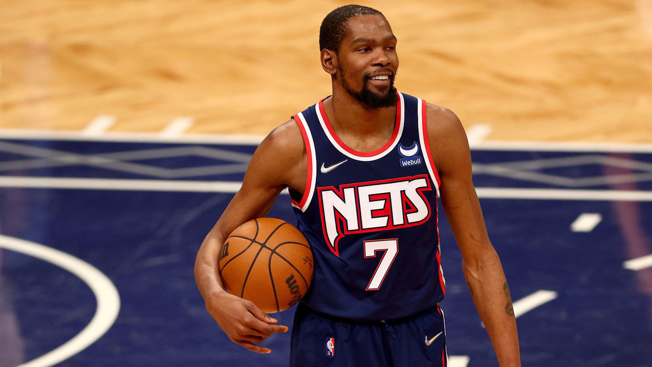 NEW YORK, NEW YORK - APRIL 25: Kevin Durant #7 of the Brooklyn Nets reacts during Game Four of the Eastern Conference First Round Playoffs against the Boston Celtics at Barclays Center on April 25, 2022 in the Brooklyn borough of New York City. The Boston Celtics defeated the Brooklyn Nets 116-112.