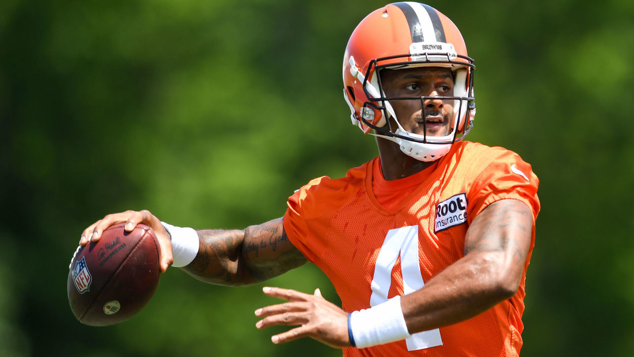 BEREA, OH - JULY 30: Deshaun Watson #4 of the Cleveland Browns throws a pass during Cleveland Browns training camp at CrossCountry Mortgage Campus on July 30, 2022 in Berea, Ohio.