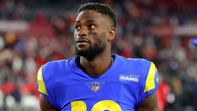 TAMPA, FLORIDA - JANUARY 23: Van Jefferson #12 of the Los Angeles Rams reacts after defeating the Tampa Bay Buccaneers 30-27 in the NFC Divisional Playoff game at Raymond James Stadium on January 23, 2022 in Tampa, Florida.