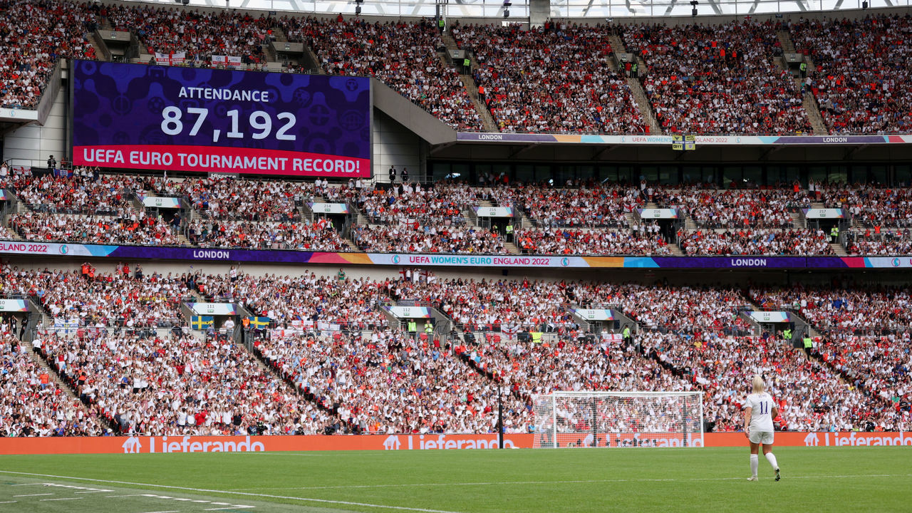 LONDON, ENGLAND - JULY 31: The crowd attendance is revealed on the giant screen during the UEFA Women's Euro 2022 final match between England and Germany at Wembley Stadium on July 31, 2022 in London, England.