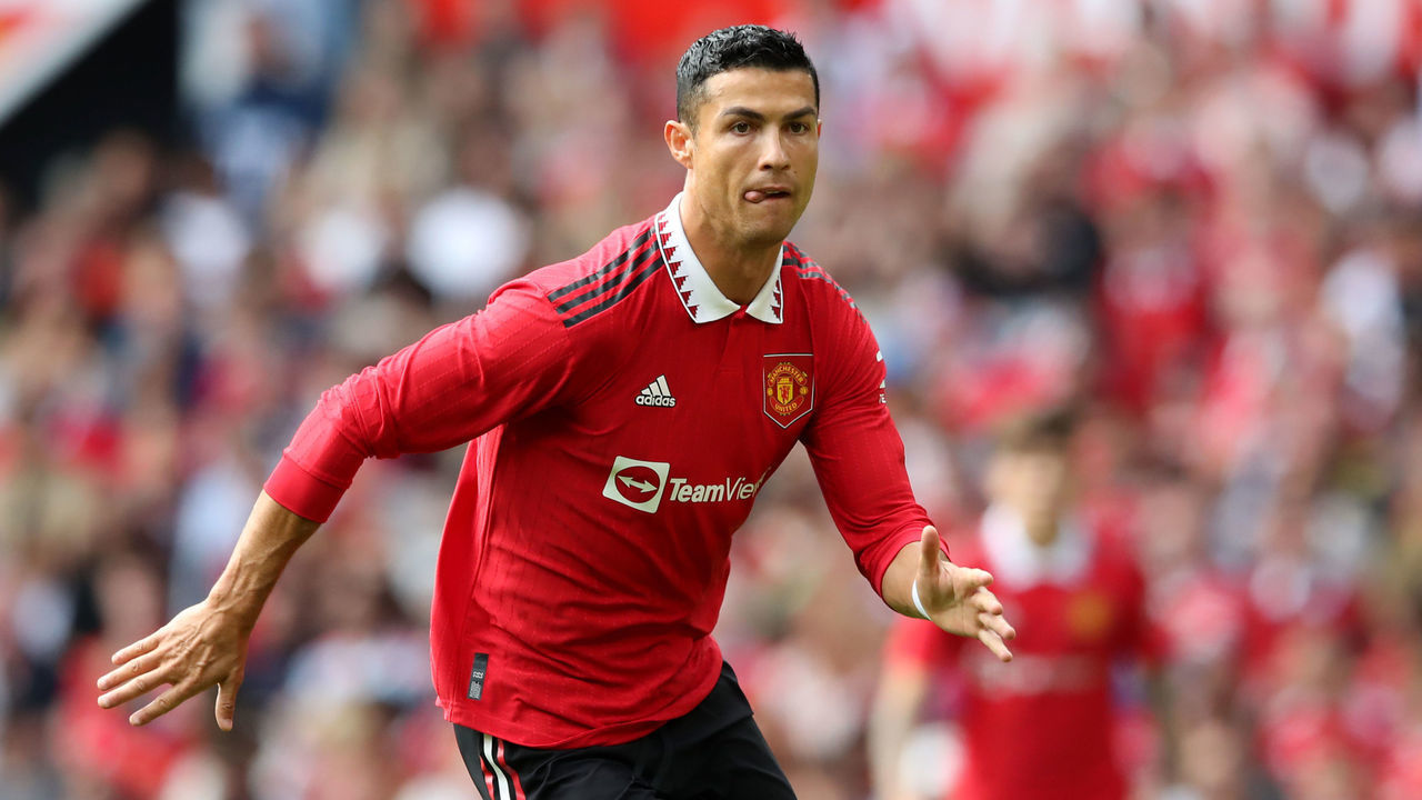 MANCHESTER, ENGLAND - JULY 31: Christiano Ronaldo of Manchester United during the Pre-Season Friendly match between Manchester United and Rayo Vallecano at Old Trafford on July 31, 2022 in Manchester, England.
