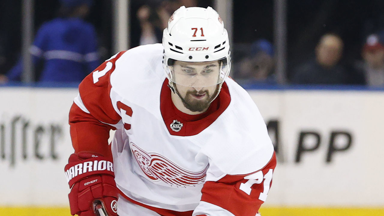 NEW YORK, NEW YORK - APRIL 16: Dylan Larkin #71 of the Detroit Red Wings skates with the puck during the third period against the New York Rangers at Madison Square Garden on April 16, 2022 in New York City. The Rangers won 4-0.