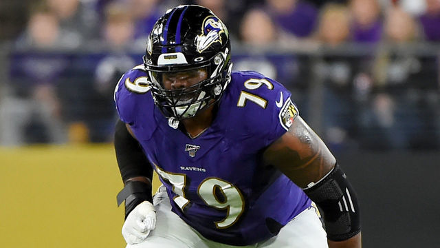 BALTIMORE, MARYLAND - JANUARY 11: Ronnie Stanley #79 of the Baltimore Ravens lines up against the Tennessee Titans during the AFC Divisional Playoff game at M&T Bank Stadium on January 11, 2020 in Baltimore, Maryland.