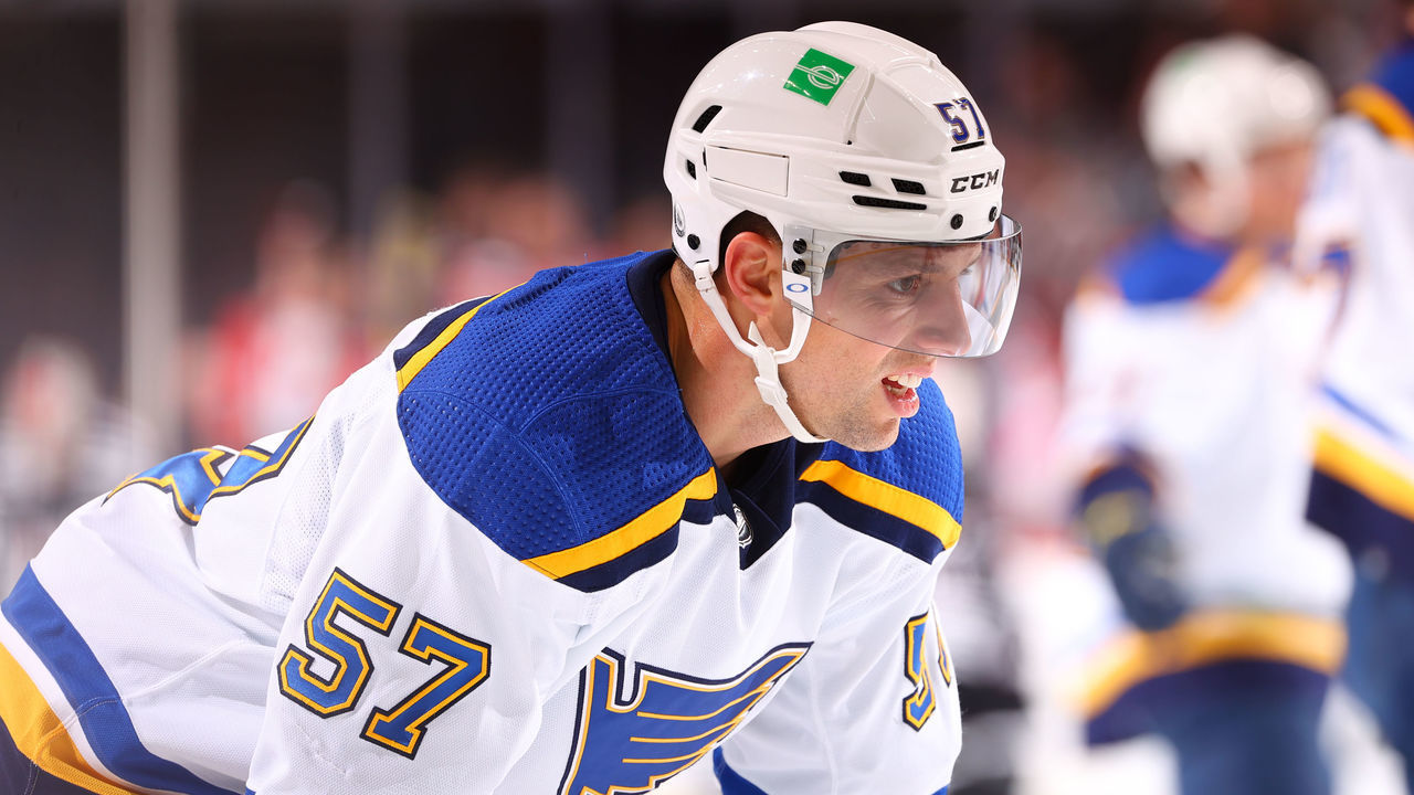 NEWARK, NJ - MARCH 06: David Perron #57 of the St. Louis Blues during warms up prior to the game against the New Jersey Devils on March 6, 2022 at the Prudential Center in Newark, New Jersey.