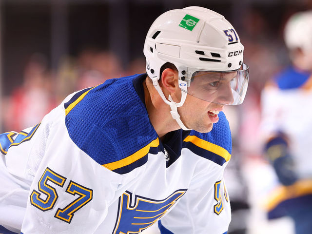 NEWARK, NJ - MARCH 06: David Perron #57 of the St. Louis Blues during warms up prior to the game against the New Jersey Devils on March 6, 2022 at the Prudential Center in Newark, New Jersey.