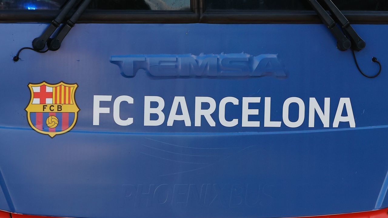 HARRISON, NJ - JULY 30: A general view of the FC Barcelona bus entering Red Bull Arena prior to the game against the New York Red Bulls on July 30, 2022 at Red Bull Arena in Harrison, New Jersey.