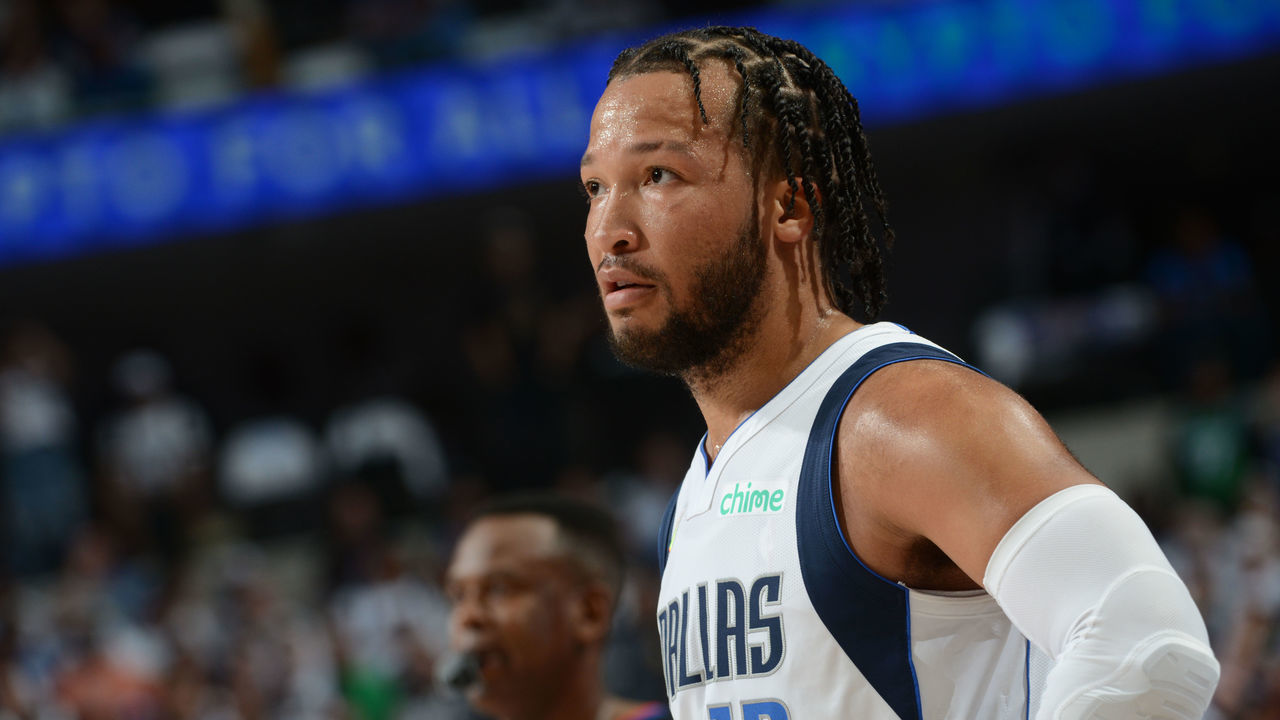 DALLAS, TX - MAY 24: Jalen Brunson #13 of the Dallas Mavericks looks on during Game 4 of the 2022 NBA Playoffs Western Conference Finals on May 24, 2022 at the American Airlines Center in Dallas, Texas. Mandatory Copyright Notice: Copyright 2022 NBAE