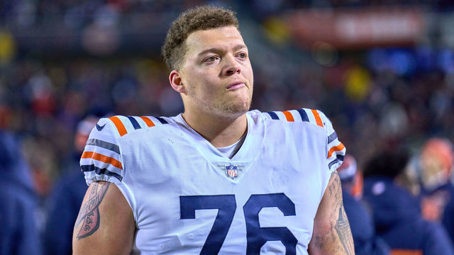 CHICAGO, IL - DECEMBER 20: Chicago Bears offensive tackle Teven Jenkins (76) looks on during a game between the Chicago Bears and the Minnesota Vikings on December 20, 2021, at Soldier Field in Chicago, IL.