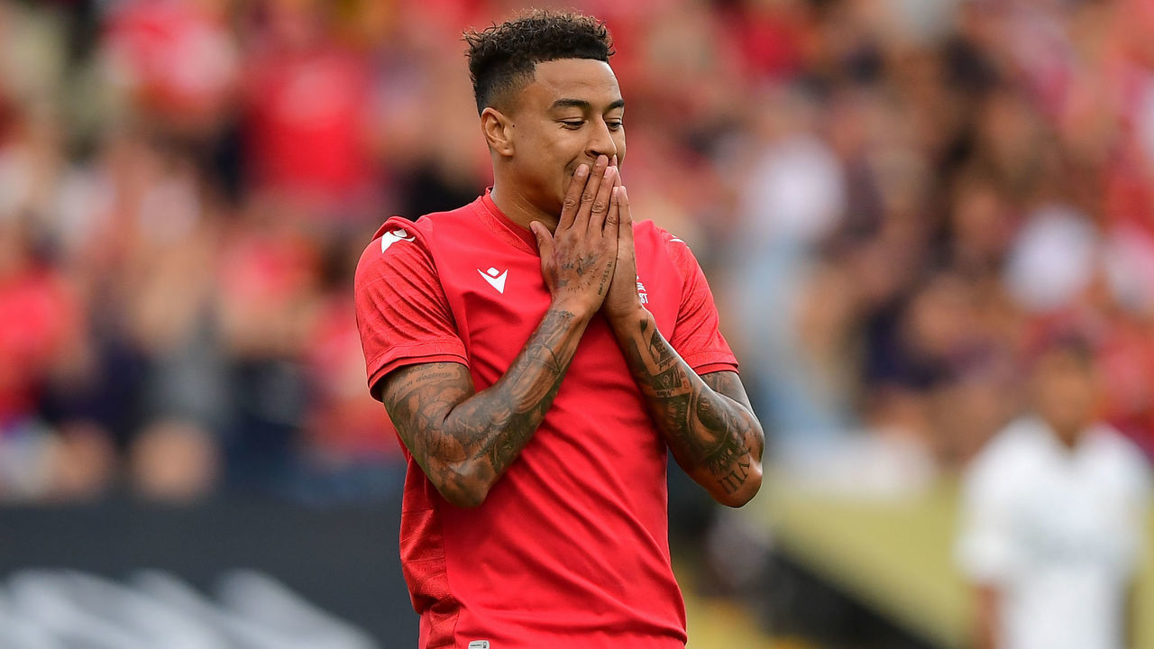 Jesse Lingard of Nottingham Forest reacts after a missed opportunity at goal during the Pre-season Friendly match between Nottingham Forest and Valencia CF at Meadow Lane, Nottingham on Saturday 30th July 2022.
