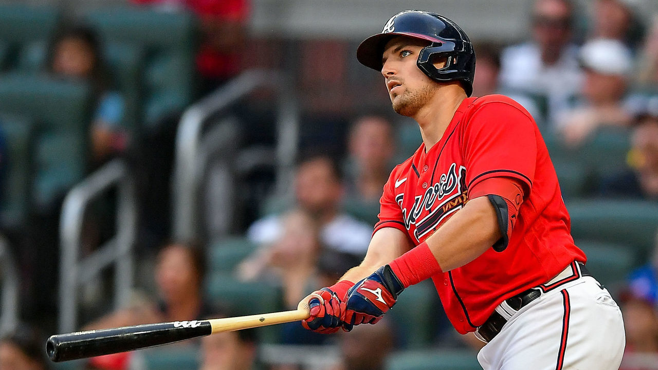 ATLANTA, GA JULY 29: Atlanta third baseman Austin Riley (27) hits a double during the MLB game between the Arizona Diamondbacks and the Atlanta Braves on July 29th, 2022 at Truist Park in Atlanta, GA.