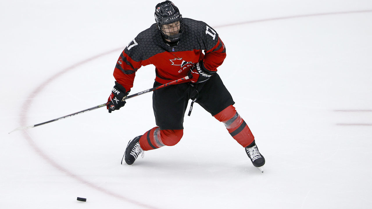 FRISCO, TEXAS - MAY 06: Connor Bedard #17 of Canada skates againsdt Russia in the third period during the 2021 IIHF Ice Hockey U18 World Championship Gold Medal Game at Comerica Center on May 06, 2021 in Frisco, Texas.