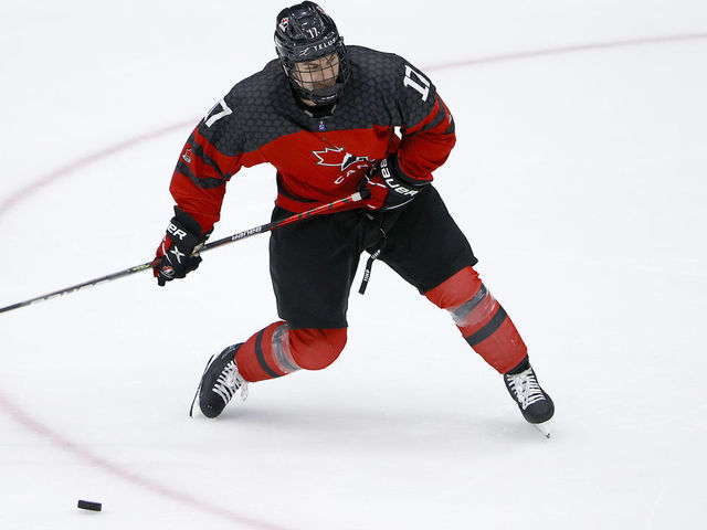 FRISCO, TEXAS - MAY 06: Connor Bedard #17 of Canada skates againsdt Russia in the third period during the 2021 IIHF Ice Hockey U18 World Championship Gold Medal Game at Comerica Center on May 06, 2021 in Frisco, Texas.