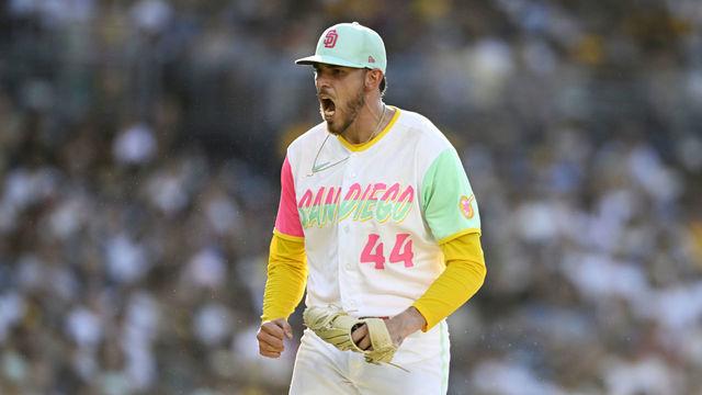 SAN DIEGO, CA - JULY 30: Joe Musgrove #44 of the San Diego Padres reacts after getting a strike out to end the fifth inning of a baseball game against the Minnesota Twins July 30, 2022 at Petco Park in San Diego, California.