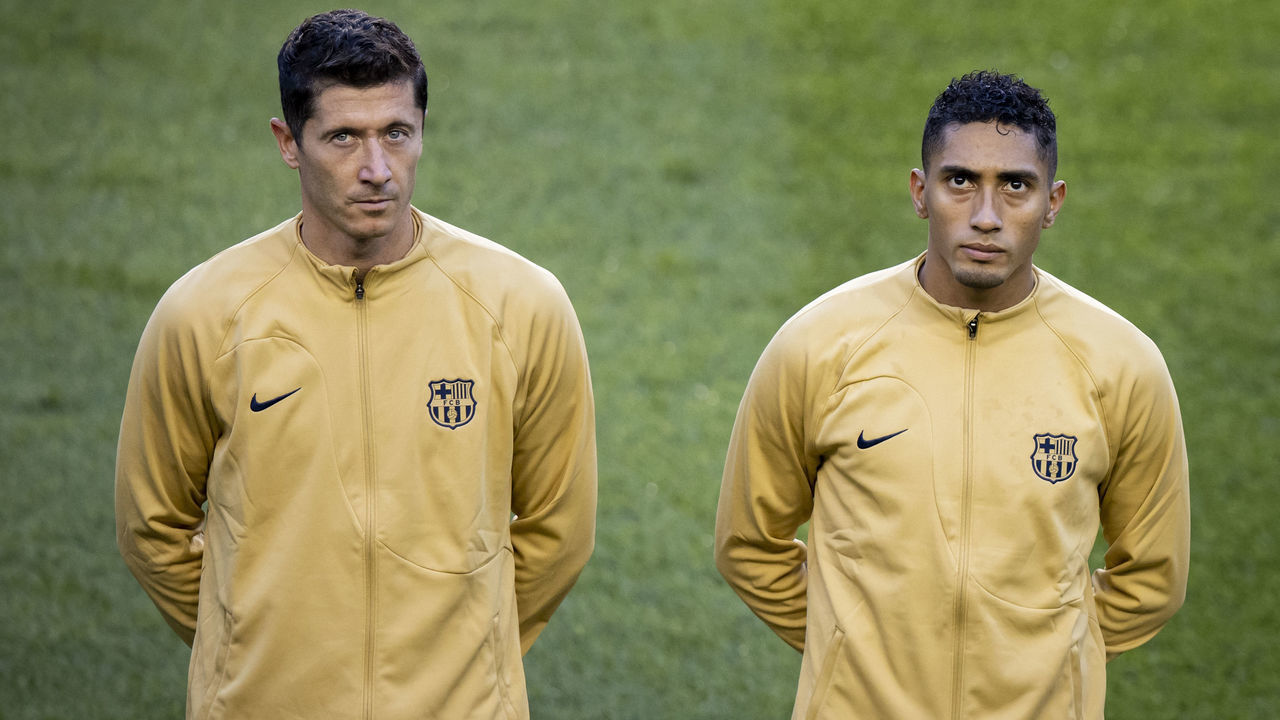 HARRISON, NJ - JULY 30: Robert Lewandowski #12 of FC Barcelona and Raphael Raphinha Dias Belloli #22 of FC Barcelona at the start of the preseason Friendly match against New York Red Bulls at Red Bull Arena on July 30, 2022 in Harrison, New Jersey.