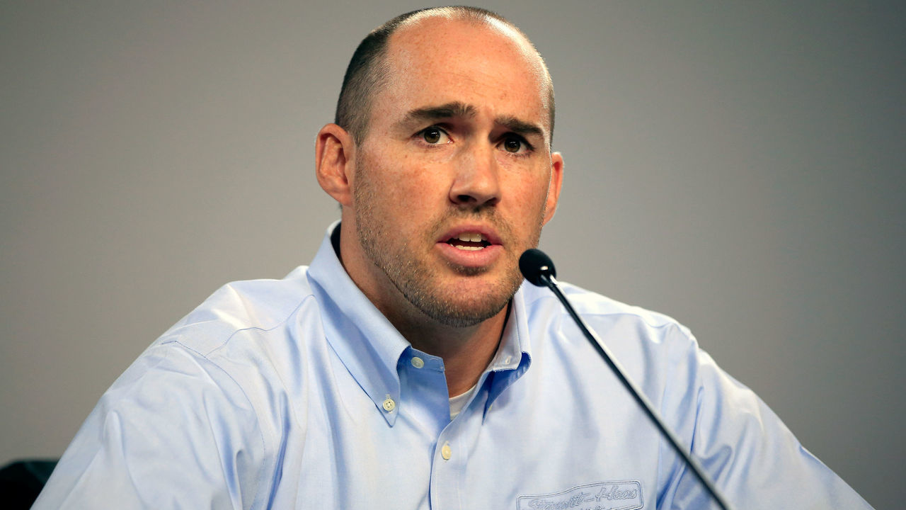HAMPTON, GA - AUGUST 29: Brett Frood, executive vice president at Stewart-Haas Racing, speaks to the media prior to practice for the NASCAR Sprint Cup Series Oral-B USA 500 at Atlanta Motor Speedway on August 29, 2014 in Hampton, Georgia.