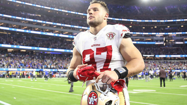 INGLEWOOD, CALIFORNIA - JANUARY 30: Nick Bosa #97 of the San Francisco 49ers walks off the field after being defeated by the Los Angeles Rams in the NFC Championship Game at SoFi Stadium on January 30, 2022 in Inglewood, California. The Rams defeated the 49ers 20-17.