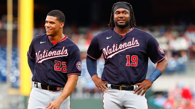 PHILADELPHIA, PA - JULY 07: Washington Nationals right fielder Juan Soto (22) and Washington Nationals first baseman Josh Bell (19) during the Major League Baseball game between the Philadelphia Phillies and the Washington Nationals on July 7, 2022 at Citizens Bank Park in Philadelphia, Pennsylvania.