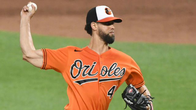 BALTIMORE, MD - JULY 23: Jorge Lopez #48 of the Baltimore Orioles pitches during a baseball game against the New York Yankees at Oriole Park at Camden Yards on July 23, 2022 in Baltimore, Maryland.