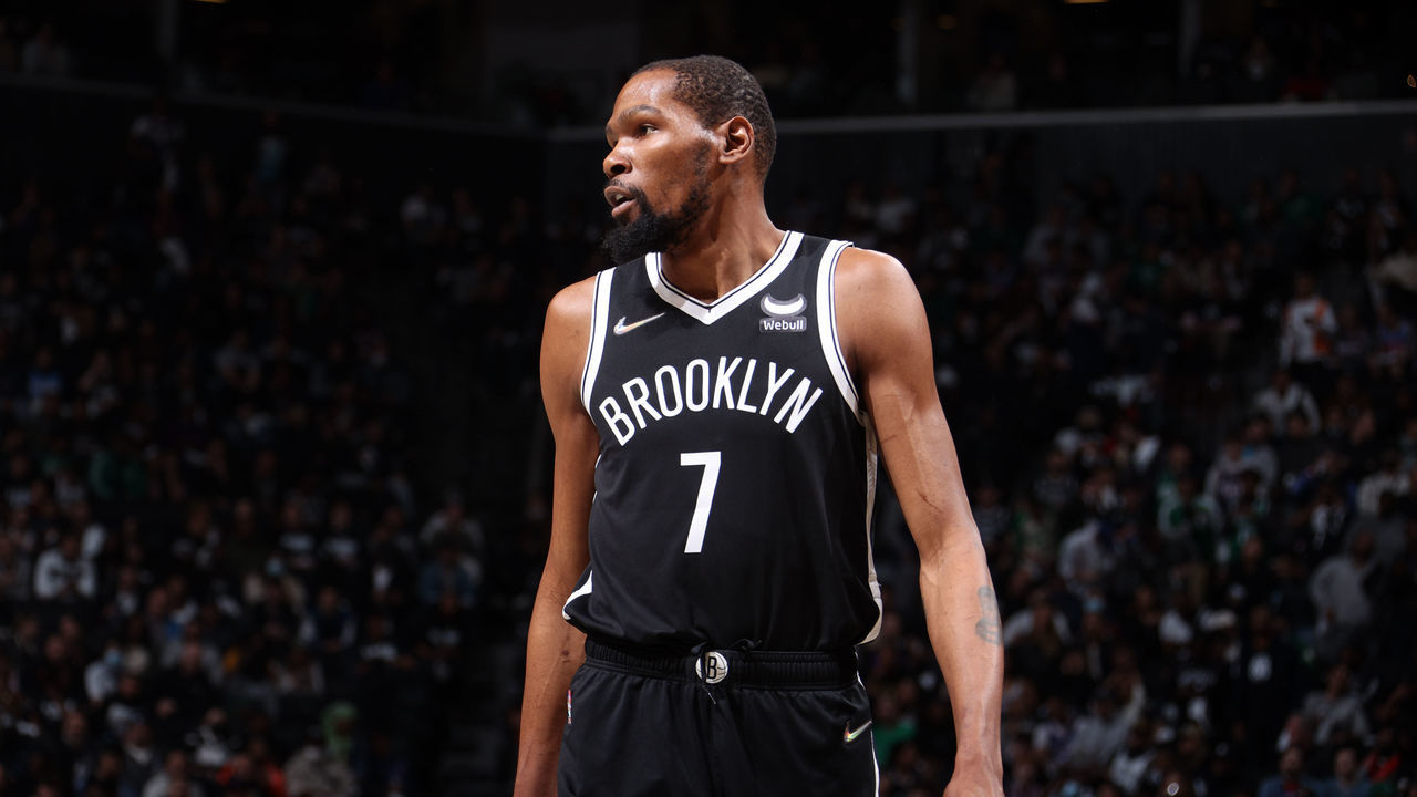 BROOKLYN, NY - APRIL 23: Kevin Durant #7 of the Brooklyn Nets looks on against the Boston Celtics during Round 1 Game 3 of the 2022 NBA Playoffs on April 23, 2022 at Barclays Center in Brooklyn, New York. Mandatory Copyright Notice: Copyright 2022 NBAE