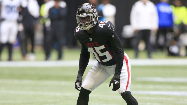 ATLANTA, GA - OCTOBER 31: Deion Jones #45 of the Atlanta Falcons during the Week 8 NFL game between the Atlanta Falcons and the Carolina Panthers on October 31, 2021 at Mercedes-Benz Stadium in Atlanta, Georgia.