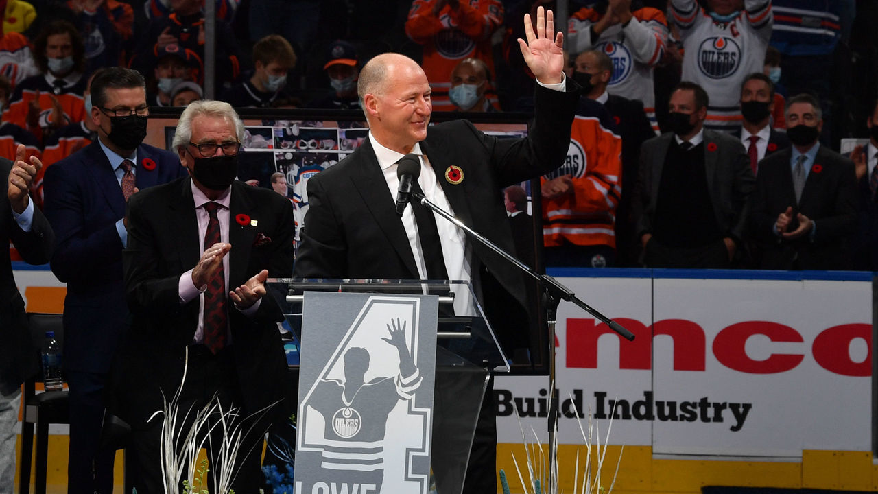 EDMONTON, AB - NOVEMBER 5: Kevin Lowe of the Edmonton Oilers waves to the crowd during the Jersey Retirement Ceremony on November 5, 2021 at Rogers Place in Edmonton, Alberta, Canada.