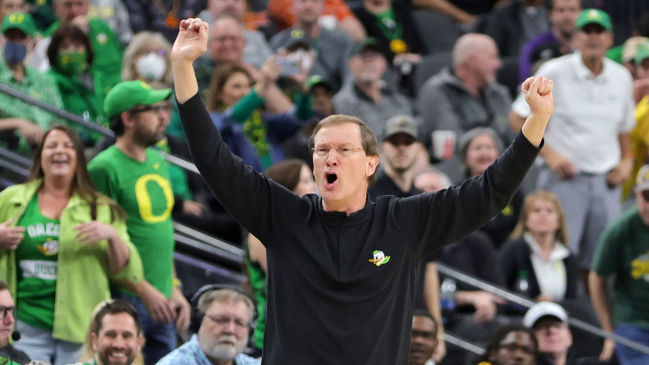 LAS VEGAS, NEVADA - MARCH 09: Head coach Dana Altman of the Oregon Ducks reacts as his team takes on the Oregon State Beavers during the first round of the Pac-12 Conference basketball tournament at T-Mobile Arena on March 09, 2022 in Las Vegas, Nevada. The Ducks defeated the Beavers 86-72.
