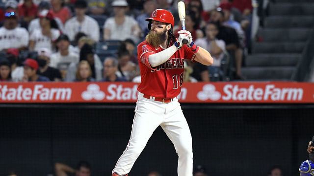 ANAHEIM, CA - JULY 30: Brandon Marsh #16 of the Los Angeles Angels at bat against the Texas Rangers at Angel Stadium of Anaheim on July 30, 2022 in Anaheim, California.