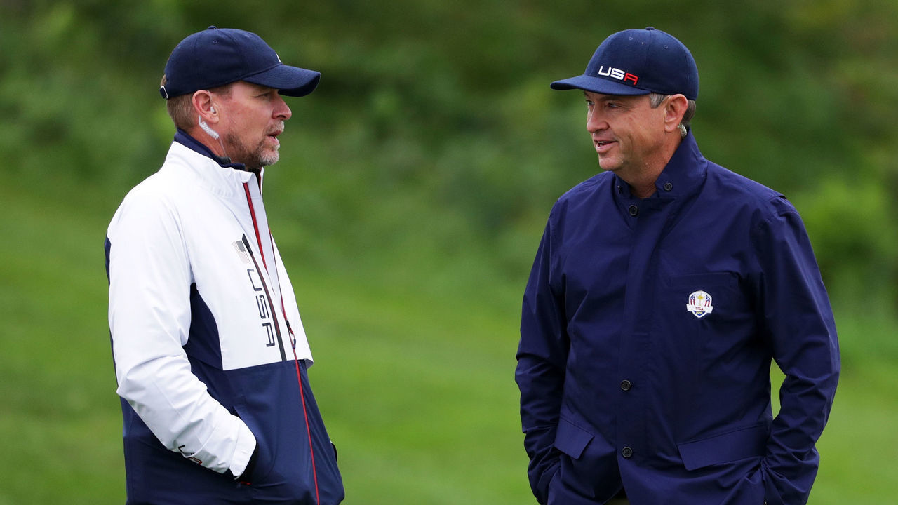 CHASKA, MN - SEPTEMBER 28: Vice-captain Steve Stricker and captain Davis Love III of the United States look on during practice prior to the 2016 Ryder Cup at Hazeltine National Golf Club on September 28, 2016 in Chaska, Minnesota.