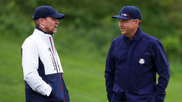 CHASKA, MN - SEPTEMBER 28: Vice-captain Steve Stricker and captain Davis Love III of the United States look on during practice prior to the 2016 Ryder Cup at Hazeltine National Golf Club on September 28, 2016 in Chaska, Minnesota.