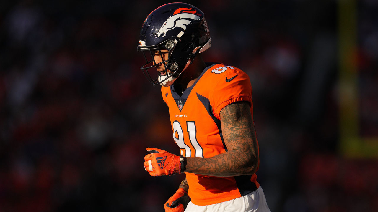 DENVER, COLORADO - DECEMBER 19: Tim Patrick #81 of the Denver Broncos gets set against the Cincinnati Bengals during an NFL game at Empower Field At Mile High on December 19, 2021 in Denver, Colorado.