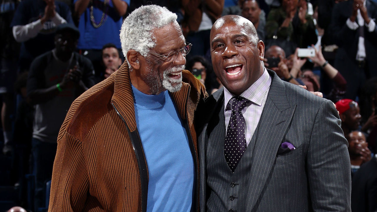 NEW ORLEANS, LA - FEBRUARY 19: NBA Legends Magic Johnson and Bill Russell during the NBA All-Star Game as part of the 2017 NBA All Star Weekend on February 19, 2017 at the Smoothie King Center in New Orleans, Louisiana. Mandatory Copyright Notice: Copyright 2017 NBAE