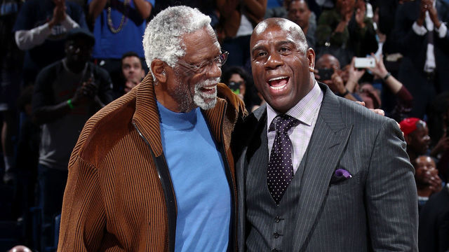 NEW ORLEANS, LA - FEBRUARY 19: NBA Legends Magic Johnson and Bill Russell during the NBA All-Star Game as part of the 2017 NBA All Star Weekend on February 19, 2017 at the Smoothie King Center in New Orleans, Louisiana. Mandatory Copyright Notice: Copyright 2017 NBAE