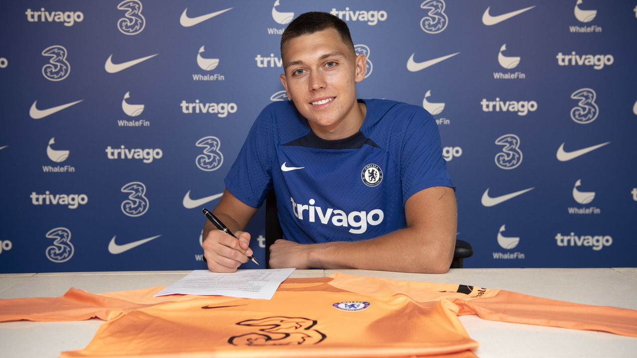 COBHAM, ENGLAND - AUGUST 02: Gabriel Slonina of Chelsea during his unveiling as a Chelsea player at Chelsea Training Ground on August 2, 2022 in Cobham, England.