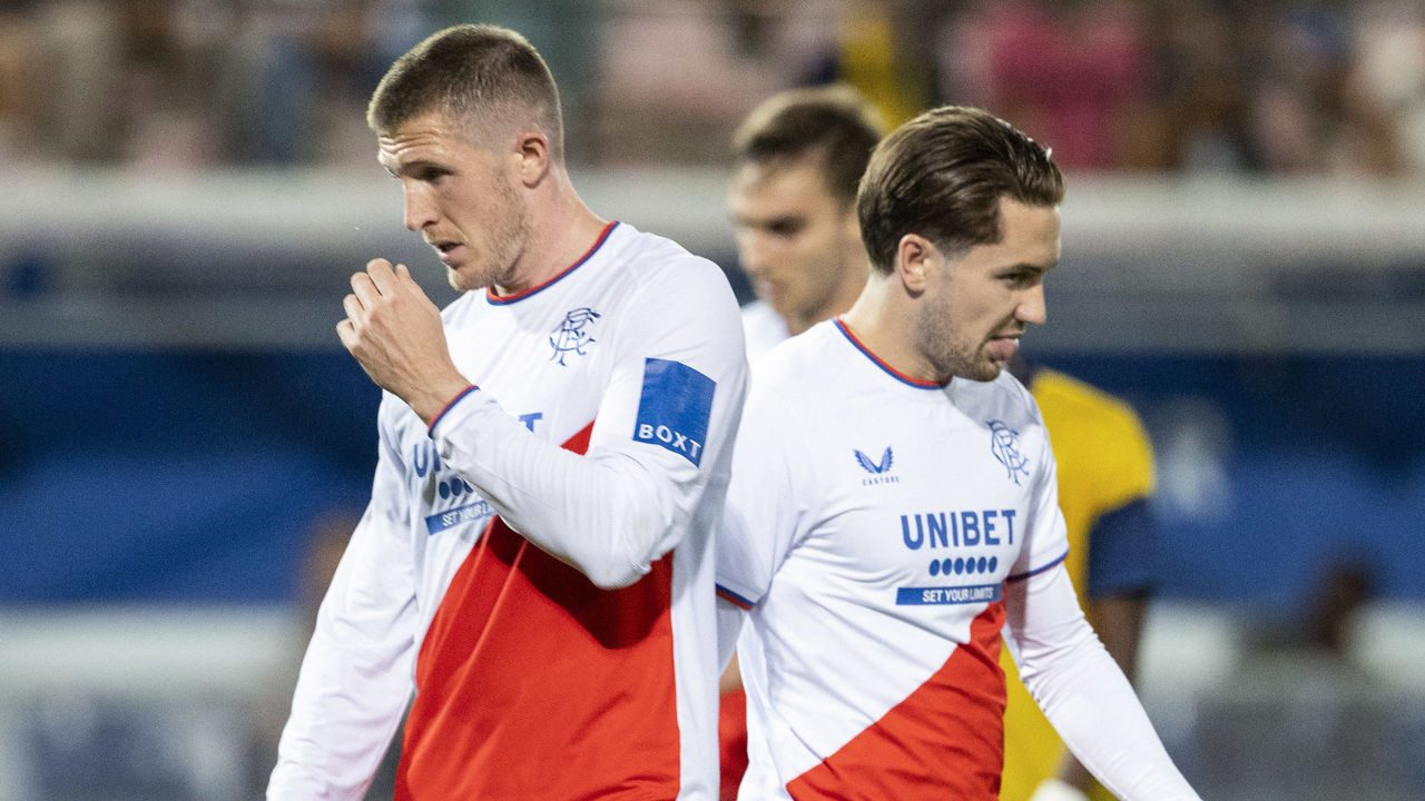 HEVERLEE, BELGIUM- AUGUST 02: Rangers' John Lundstram (L) and Scott Wright at full time during the UEFA Champions League Third Qualifying Round match between Union Saint-Gilloise and Rangers at the King Power at Den Dreef Stadion, on August 02, 2022, in Heverlee, Belgium.