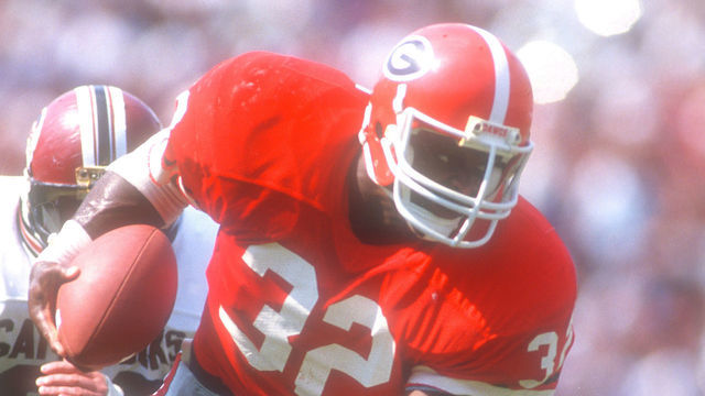 ATHENS, GA - SEPTEMBER 26: Lars Tate #32 of the Georgia Bulldogs runs with the ball during a college football game against the South Carolina Gamecocks on September 26, 1987 at the Sanford in Athens, Georgia.
