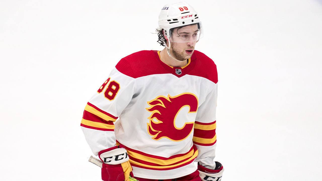 DALLAS, TX - MAY 13: Andrew Mangiapane #88 of the Calgary Flames looks on against the Dallas Stars during the third period in Game Six of the First Round of the 2022 Stanley Cup Playoffs at American Airlines Center on May 13, 2022 in Dallas, Texas.