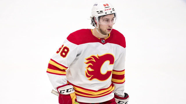 DALLAS, TX - MAY 13: Andrew Mangiapane #88 of the Calgary Flames looks on against the Dallas Stars during the third period in Game Six of the First Round of the 2022 Stanley Cup Playoffs at American Airlines Center on May 13, 2022 in Dallas, Texas.