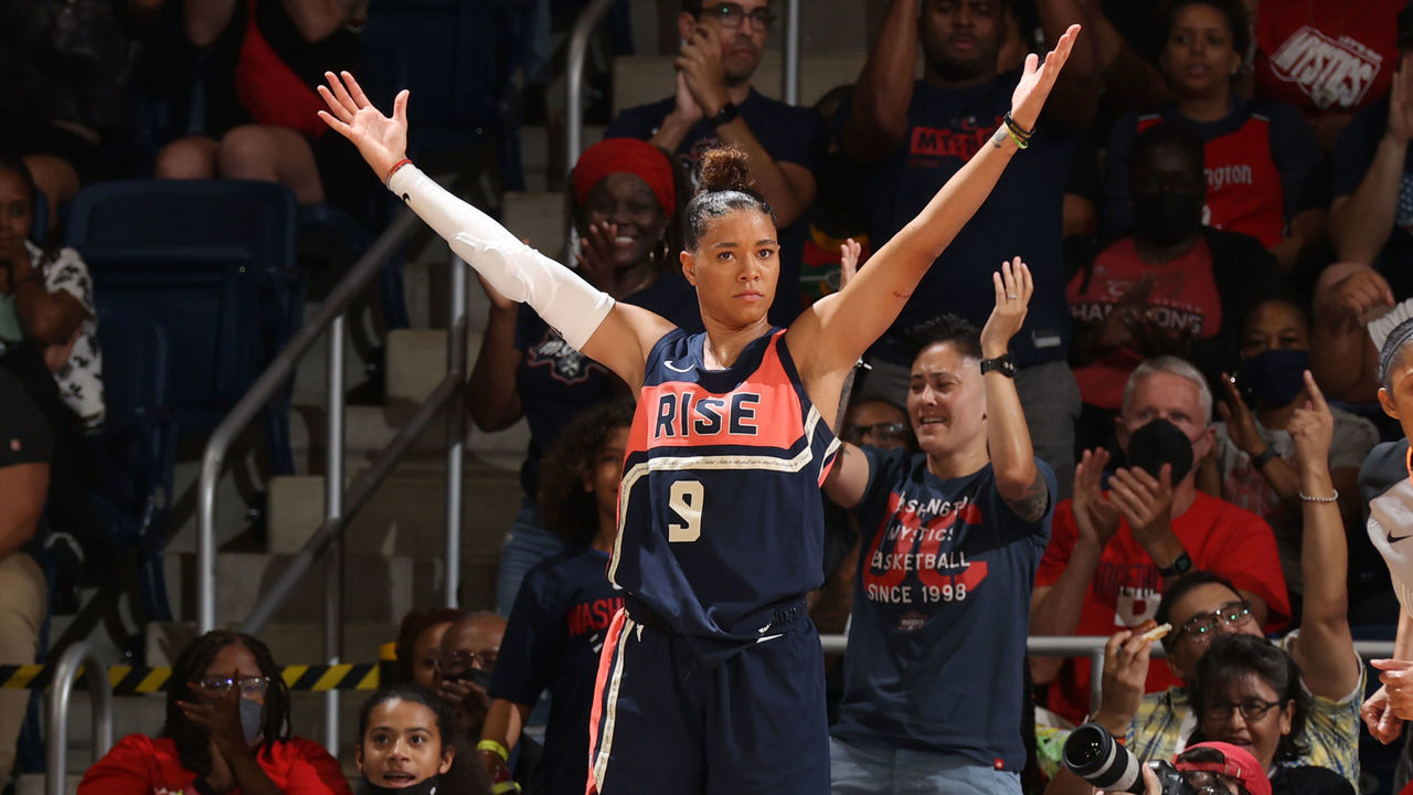 WASHINGTON, DC - AUGUST 2: Natasha Cloud #9 of the Washington Mystics celebrates during the game against the Las Vegas Aces on August 2, 2022 at Entertainment & Sports Arena in Washington, DC. Mandatory Copyright Notice: Copyright 2022 NBAE