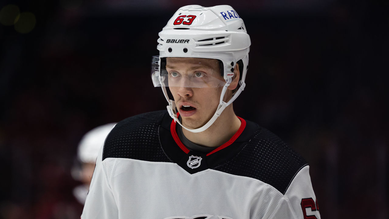 WASHINGTON, DC - March 26: Jesper Bratt #63 of the New Jersey Devils looks on against the Washington Capitals during the first period of the game at Capital One Arena on March 26, 2022 in Washington, DC.