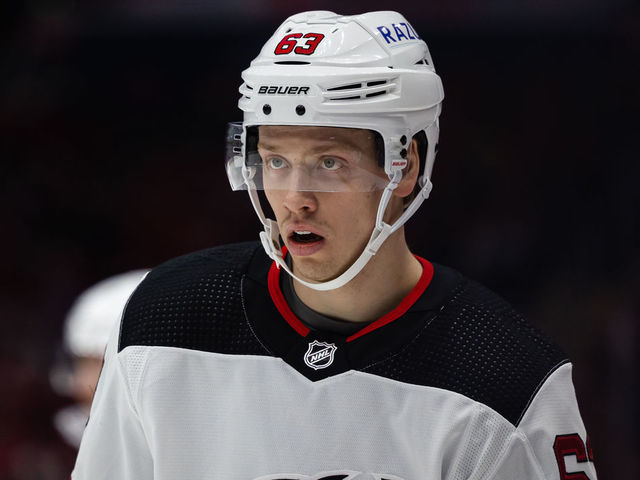 WASHINGTON, DC - March 26: Jesper Bratt #63 of the New Jersey Devils looks on against the Washington Capitals during the first period of the game at Capital One Arena on March 26, 2022 in Washington, DC.